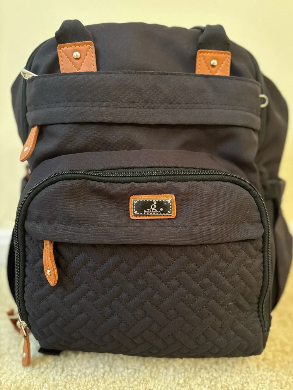 Quilted Black Baby Bag Backpack with Tan Accents